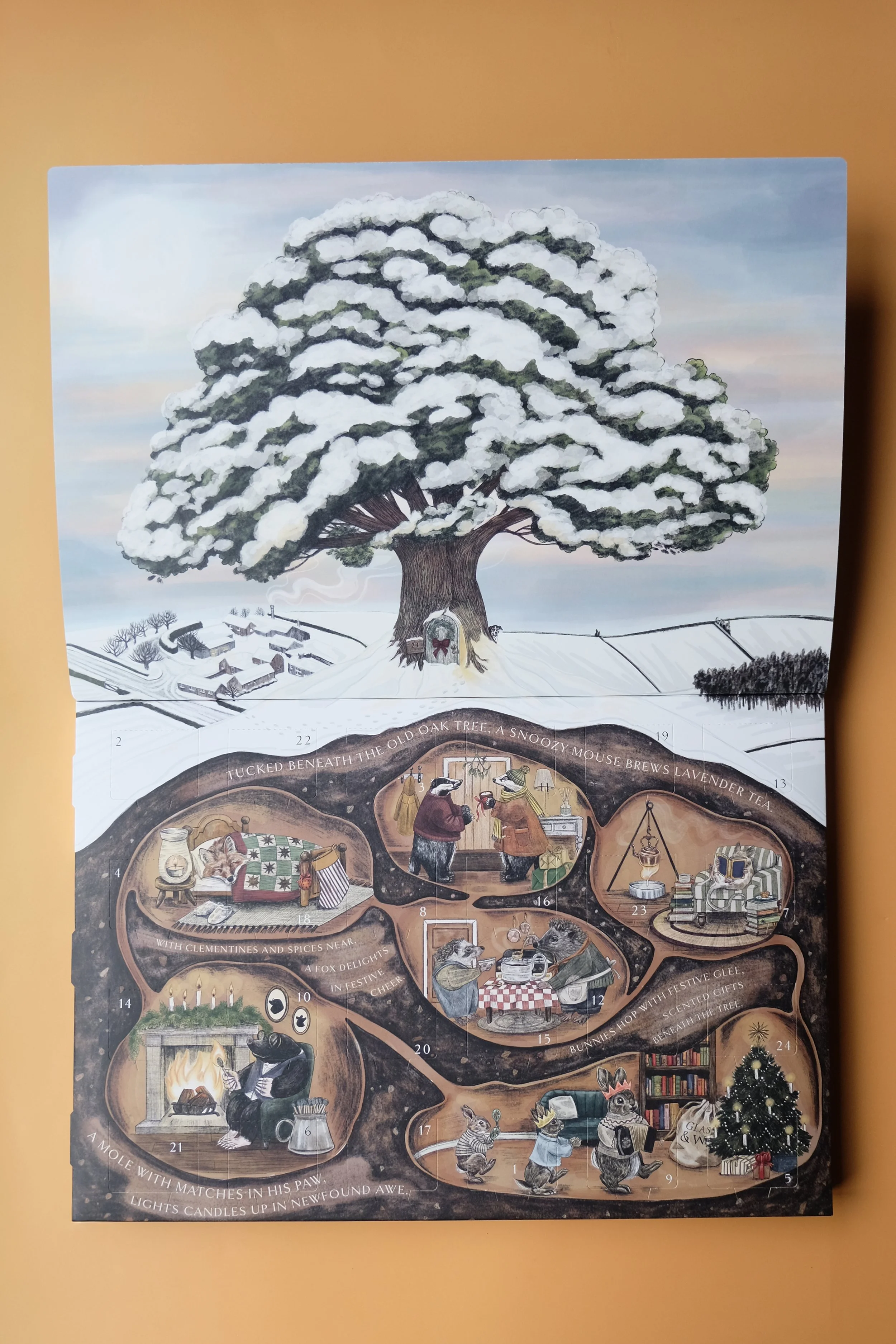 Full page spread of inside the advent calendar when opened. 