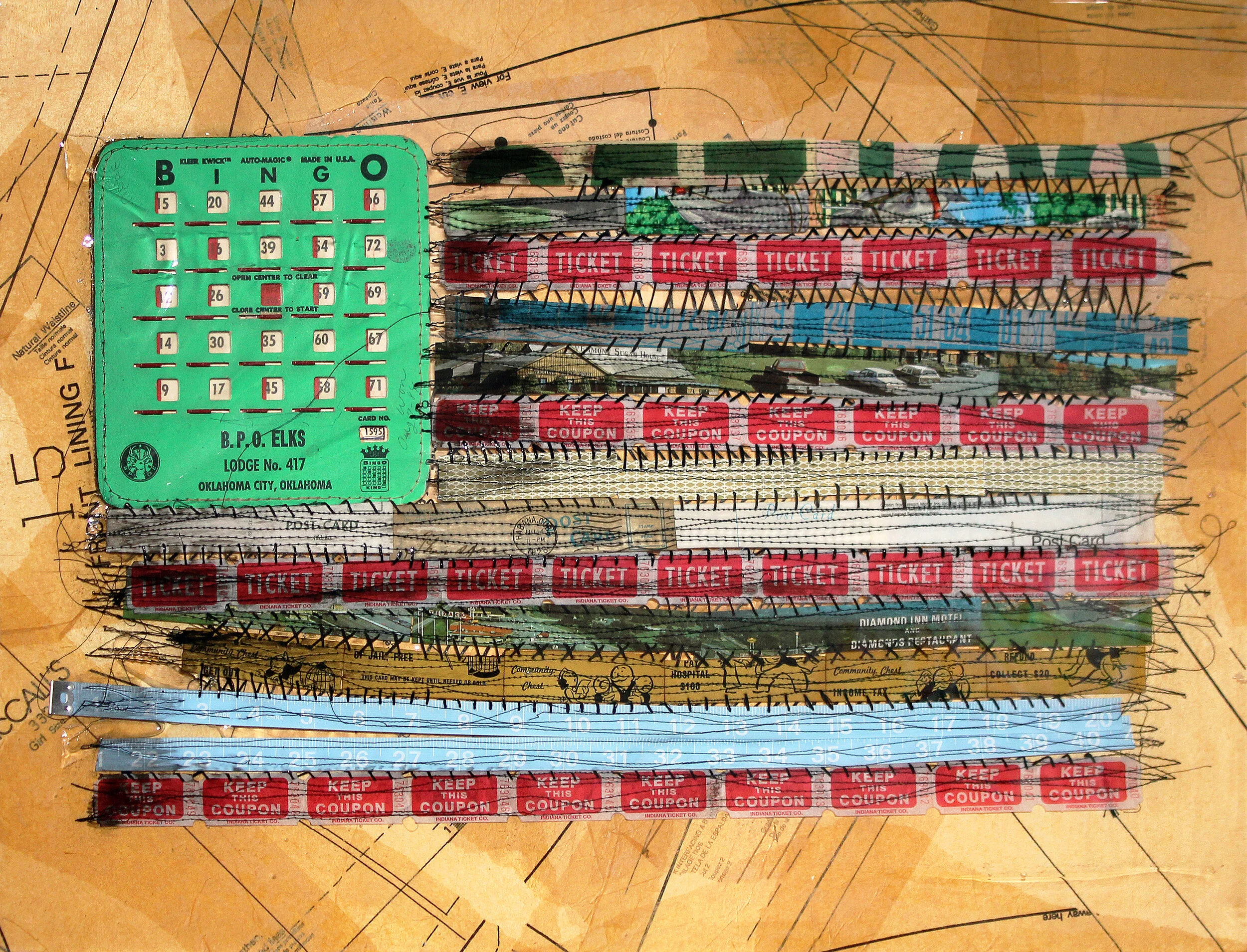 “Her Flag XIX” Mixed Media Collage with Hand and Machine Embroidery 18” x 24” 2016