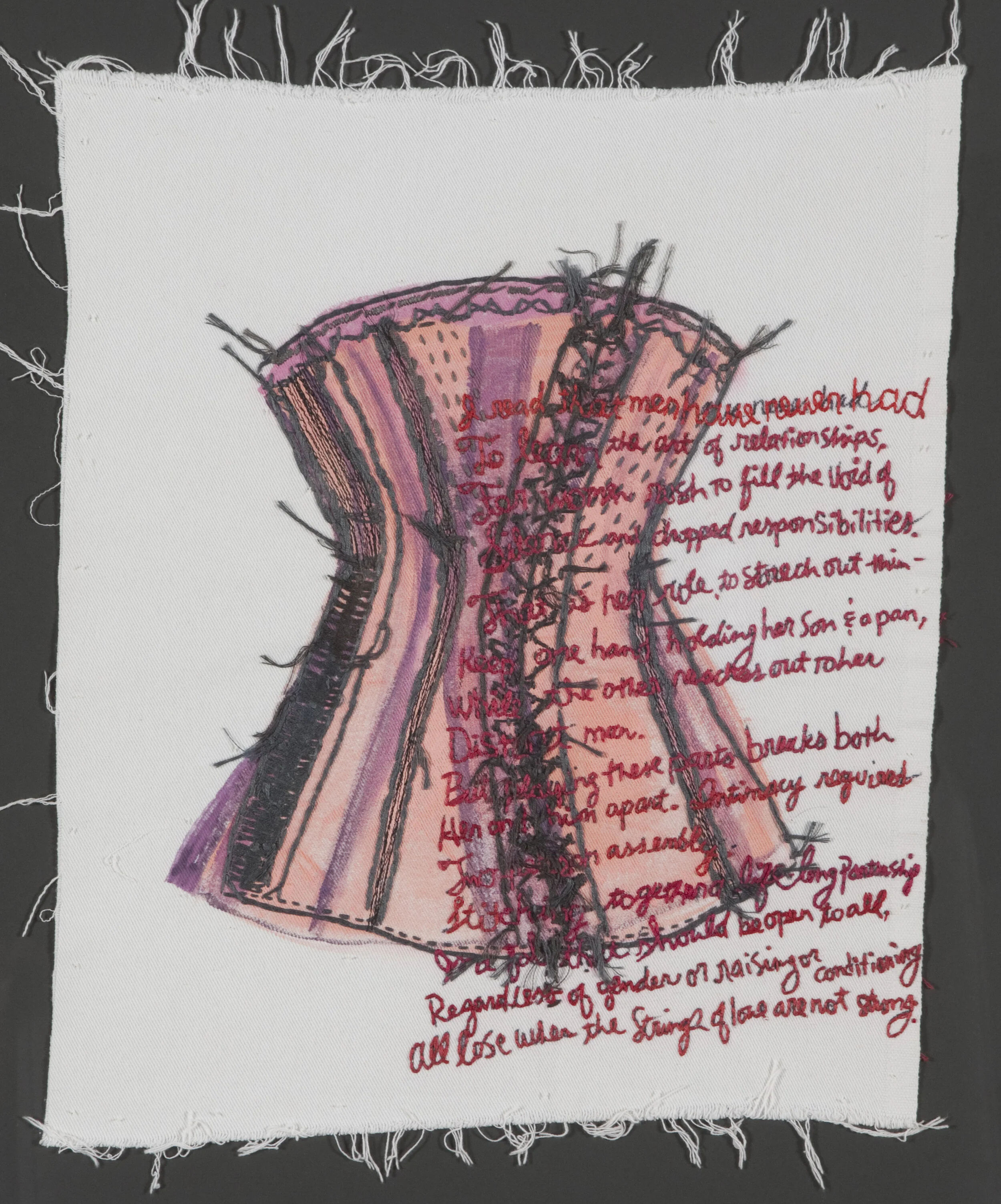 “Stretched Too Thin” Acrylic with Hand and Machine Embroidery on Fabric” 24” x 20” 2014 Poem by Kerri Shadid I read that men have never had To learn the art of relationships, For women rush in to fill the void of Silence and dropped responsibilities. That is her role, to stretch out thin— Keep one hand holding her son and a pan, While the other reaches out to her Distant man. But playing these parts breaks both Her and him apart. Intimacy requires Two-person assembly. Stitching together a life-long partnership Is a job that should be open to all, Regardless of gender or raising or conditioning— All lose when the strings of love are not strong.