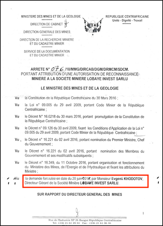 Concession document from the Central African Republic, showing ‘Evgenii Khodotov’ as the Director of Lobaye Invest SARLU