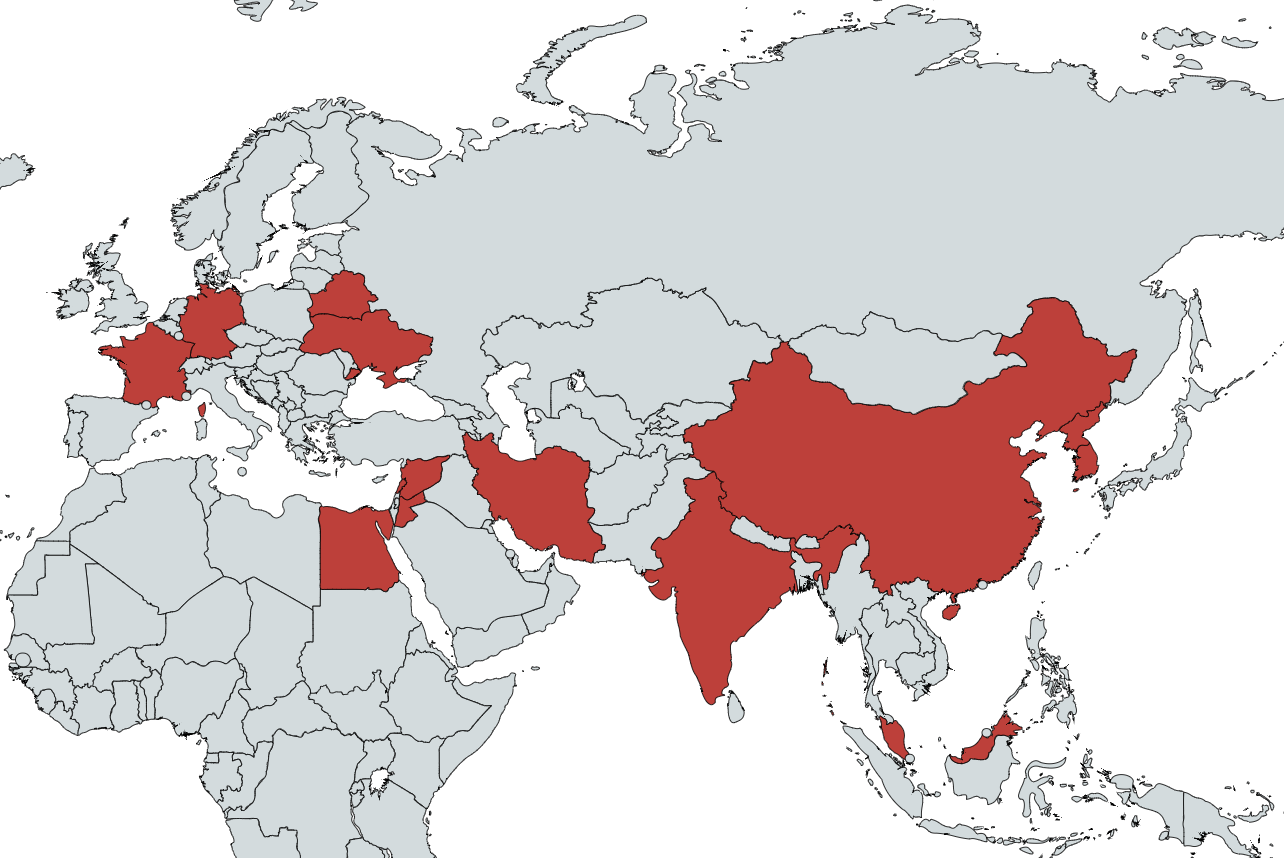 Map of countries from which Handasieh and its subsidiaries have procured or attempted to procure materials since 2012.
