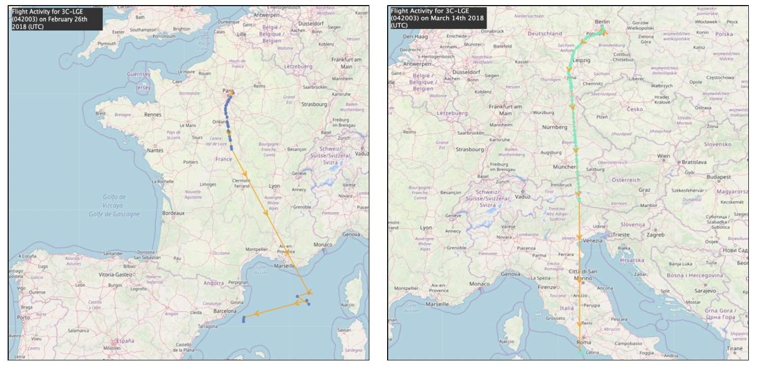 Equatorial Guinea-registered Dassault Falcon 50 (Registration Number: 3C-LGE) flight activities in and around Paris and Berlin on February 26, 2018 and March 14, 2018. Source: ADS-B Exchange Historical Flight Viewer .