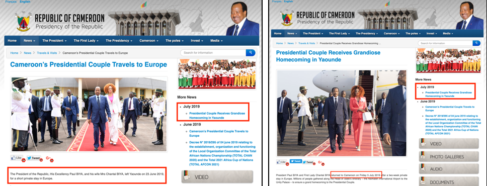 Presidential Foreign Travel Announcement from Cameroon’s Office of the President Website. Source: Travel and Visits Page , Office of the President Website, Cameroon.