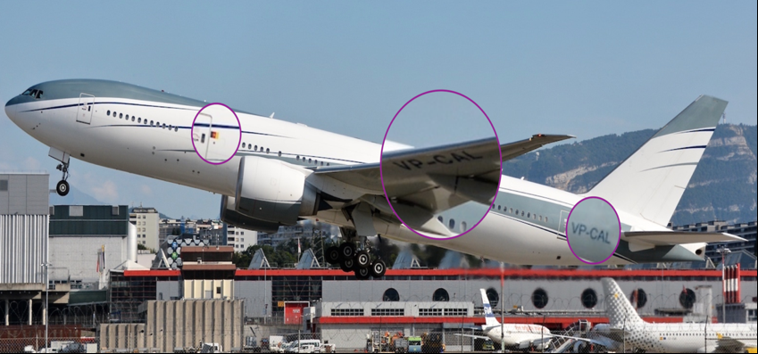 Private Chartered Boeing 777-2KQLR (Registration number: VP-CAL) operated by Cam Air Management and owned by Saudi Royal, Mohammad Bin Fahd Bin Abdul Aziz Al Saud’s Montkaj Ltd. A Cameroonian Flag is seen affixed to the left of the aircraft entry door. Source: JetPhotos .