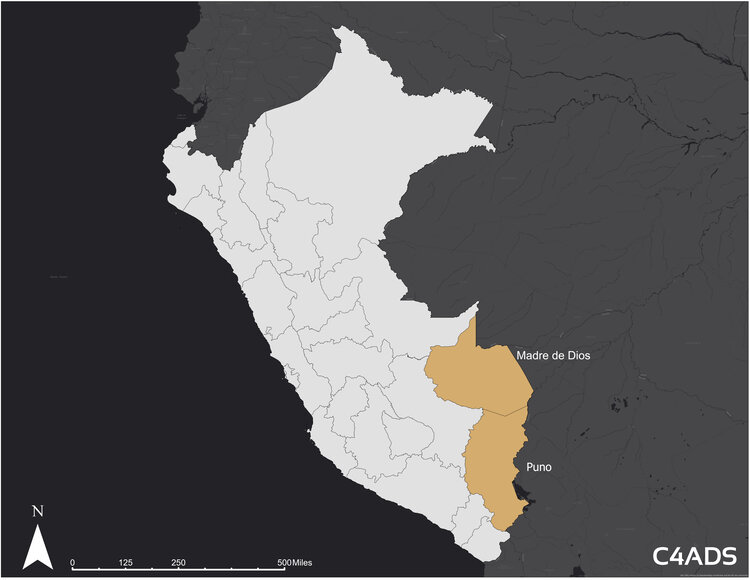 Los 24 departamentos del Perú. Se destacan los departamentos con yacimientos abundantes de oro de Madre de Dios, fronterizo con Bolivia y Brasil, y Puno, fronterizo con Bolivia.