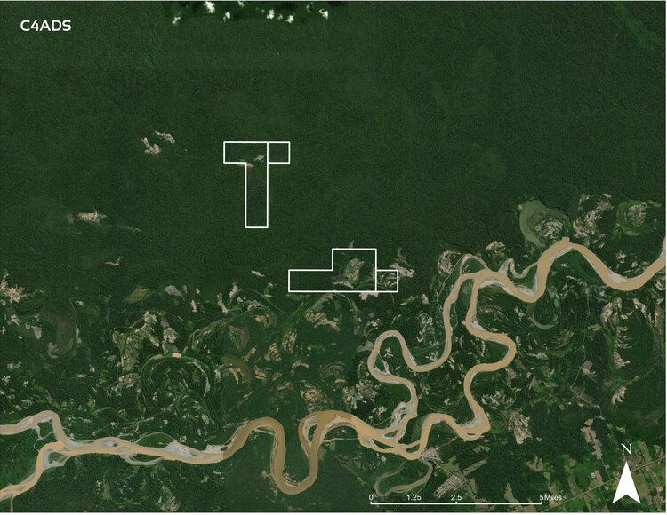 Concesiones de Romero Rodriguez al norte del río Madre de Dios. Fuente: Ministerio de Energía y Minas del Perú; Landsat