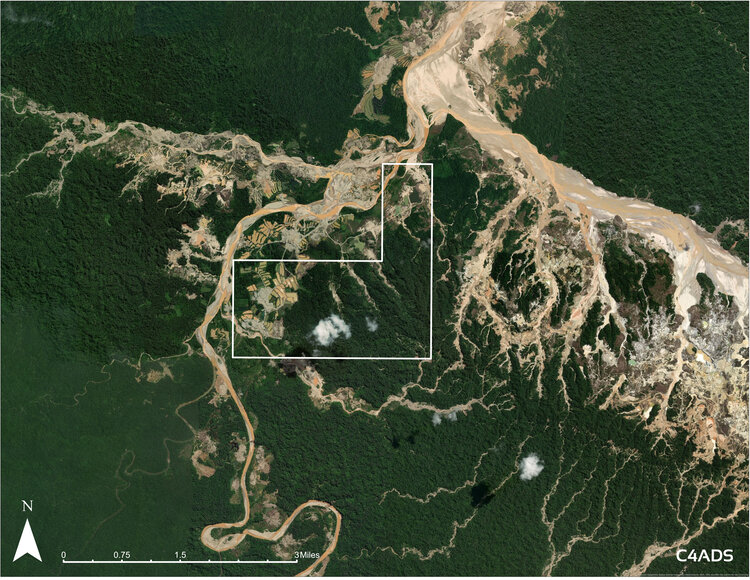 Concesión de Quintano Mendez en Huepetuhe. Fuente: Ministerio de Energía y Minas del Perú; Landsat