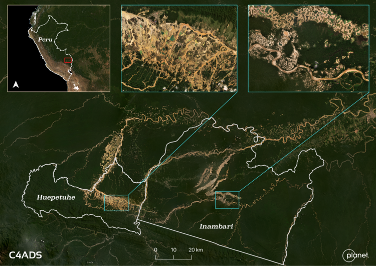 La minería aurífera ha dejado extensiones kilométricas de sedimentos y balsas de residuos en el distrito de Madre de Dios de Huepetuhe e Inambari. Fuente: Planet