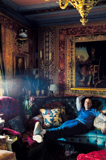 The decorating in the screening room done up in an Orientalist style.