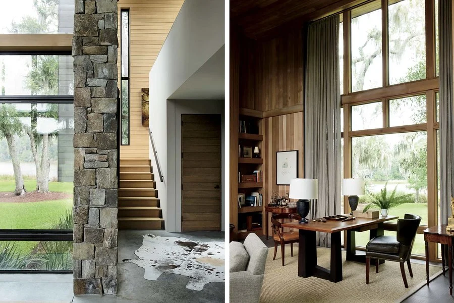 The foyer includes a cowhide rug from Jeff Littrell Antiques; The linen curtains in the library are from LinenMe, and the custom walnut-and-wenge desk is from Doug Honabach.&nbsp;Simon Upton