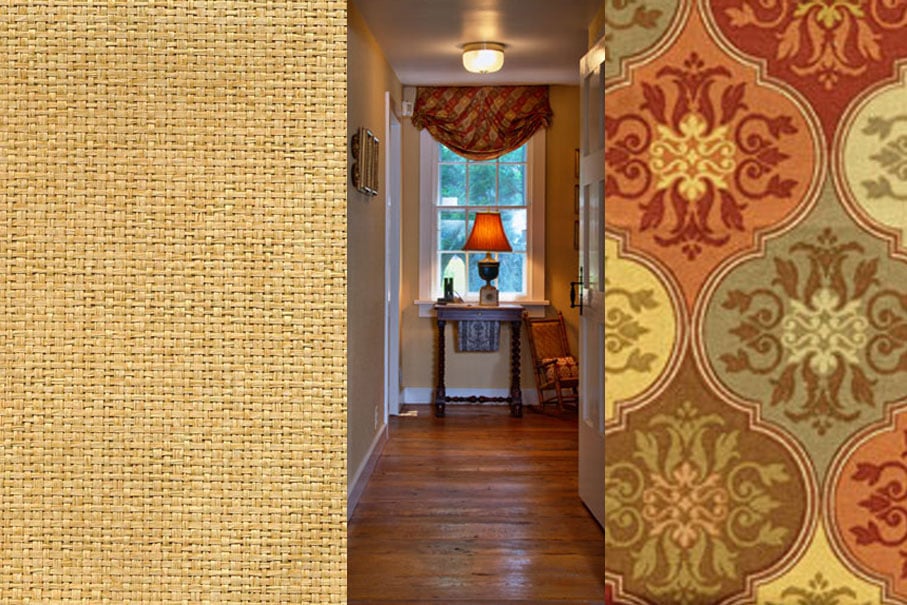 First Floor Hallway with Grasscloth Wall Covering and Window Treatment Fabric