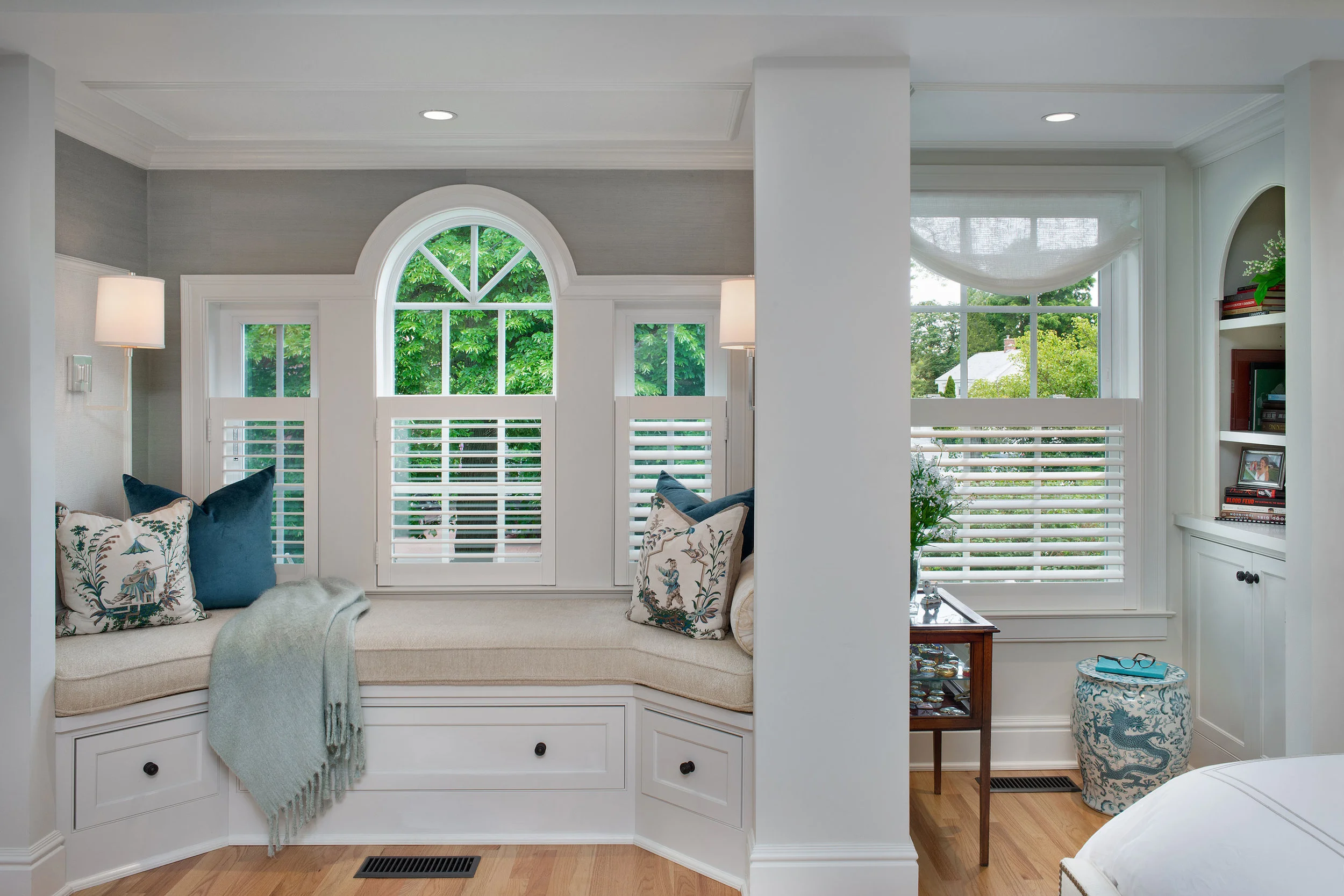 The custom built-in window seat is a great spot for reading.
