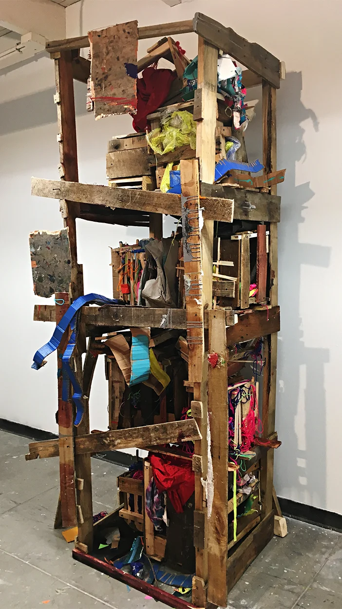 Tools For Segregation (2016) Found wood, acrylic, enamel, silicon, tape, rope, screws, glue, yarn and varnish 86" x 54" x 30"