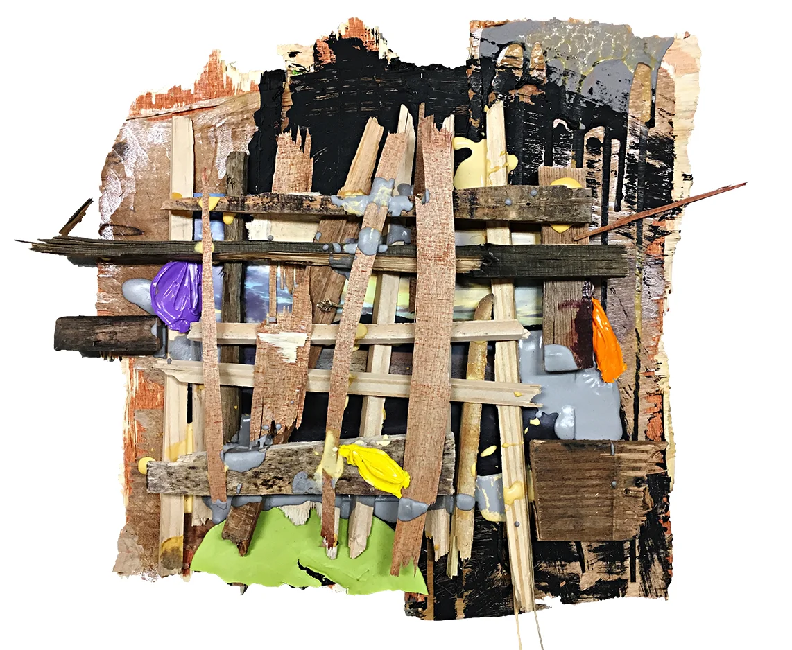 Futuristic Landscape (Cerro Gordo) (2016) Found wood, cement, acrylic, enamel, silicon, tape, screws, glue and varnish on photograph 12" x 17" x 2"