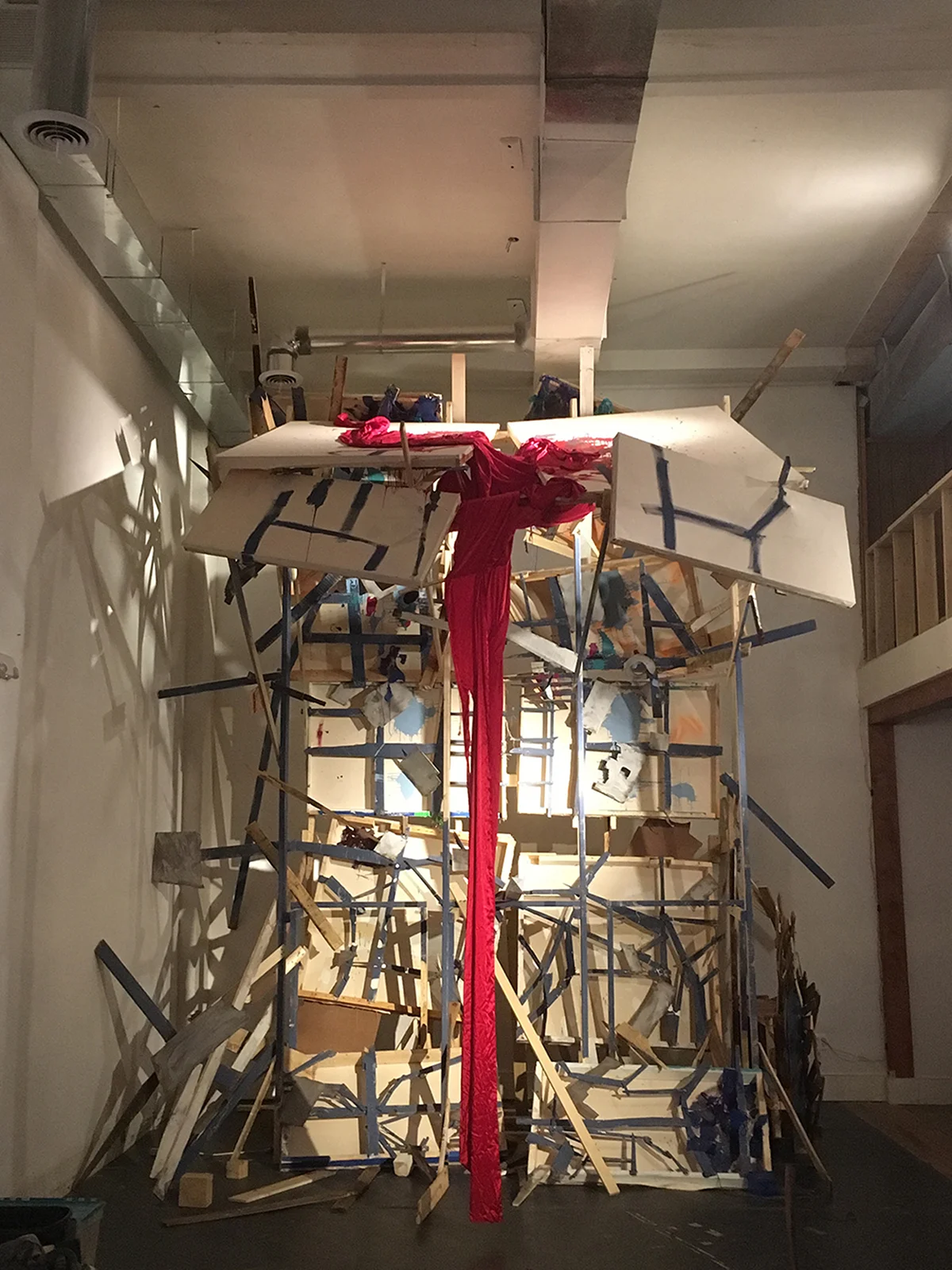 DI-ZZINESS (2017) Wood, masonite, acrylic and enamel paint, screws, fabric, yarn, paper, pennies, wire, silicon, trash can, dock tape and canvas 240” x 120” x 144” 