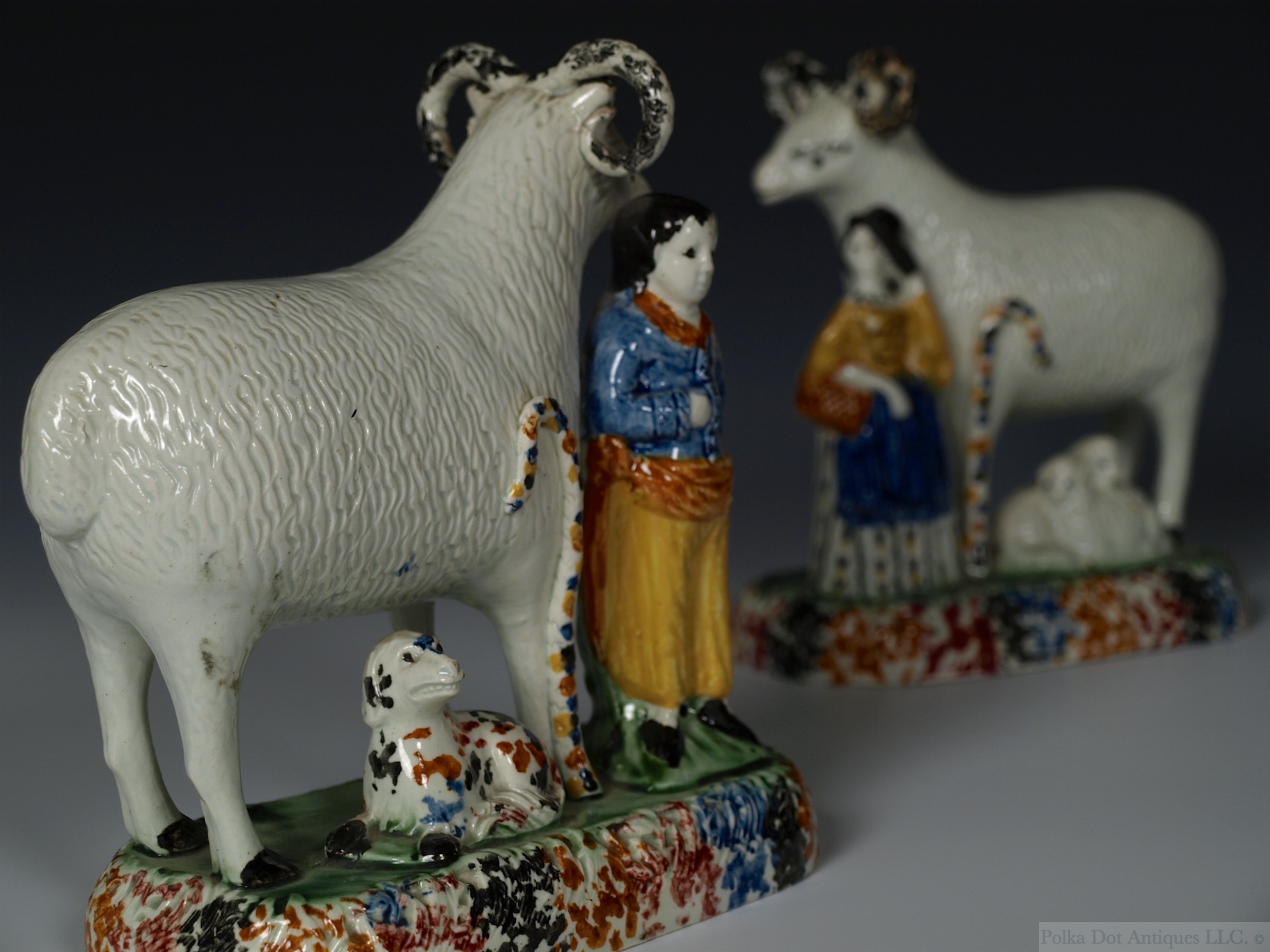 Pair of Prattware Rams with Shepherd and Shepherdess, c.1800-20, 6¼“ high. (Provenance – Sotheby’s 27-2-68. Lot – 18.)