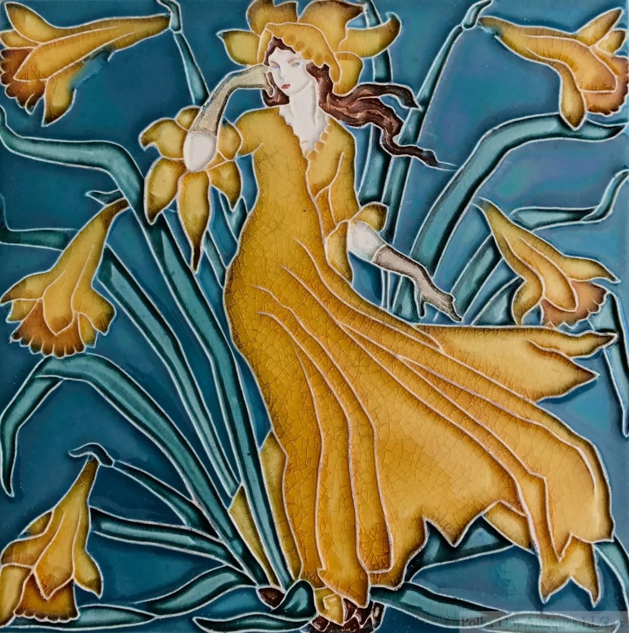 Pilkington Royal Lancastrian Pottery Tile “Daffodil” Designed by Walter Crane, 1900 – 1901, 6” x 6”.