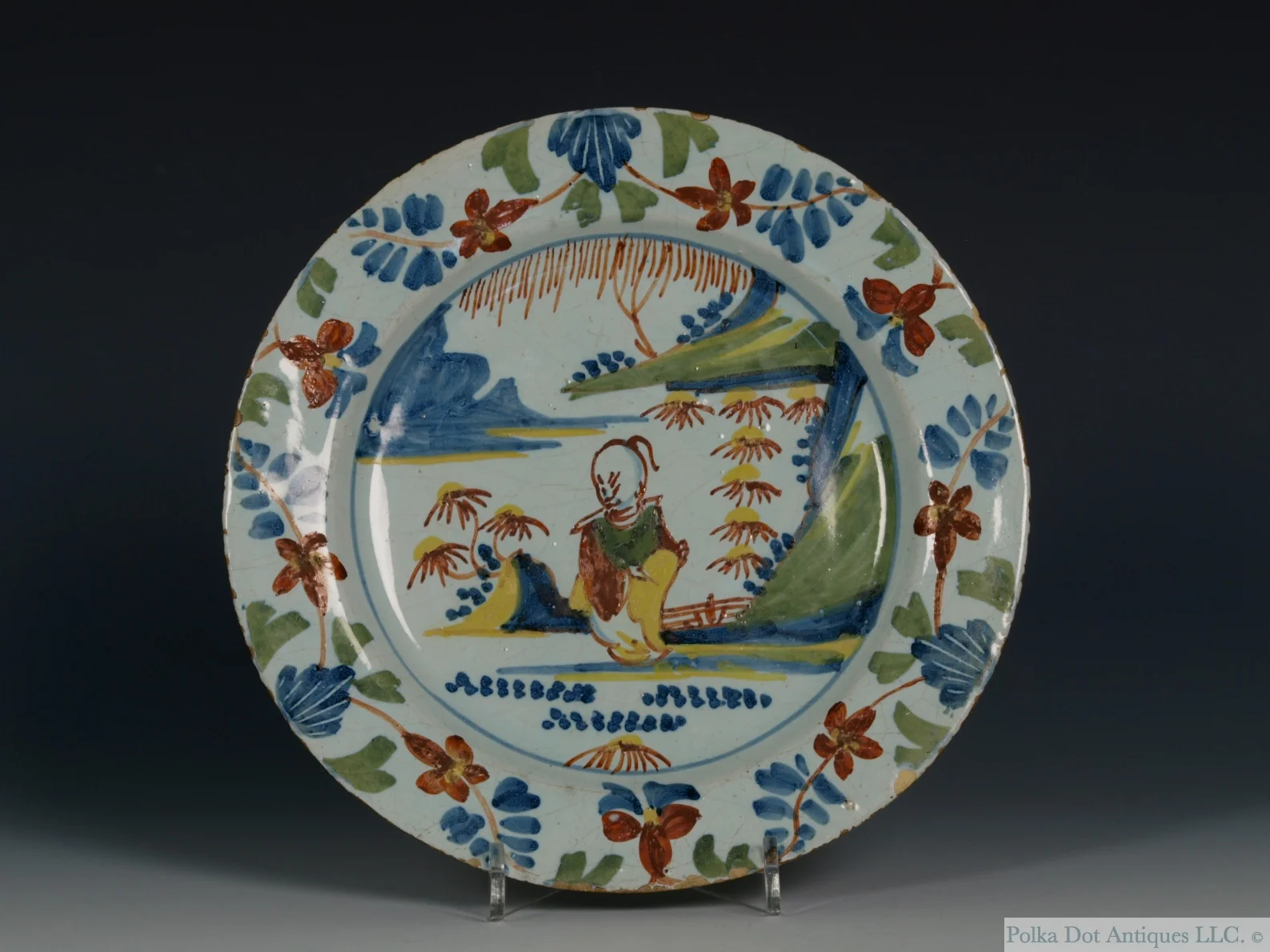 English Delftware Polychrome Chinoiserie Plate, Bristol, 1730-40, painted in red, blue yellow and green, 6¾“.