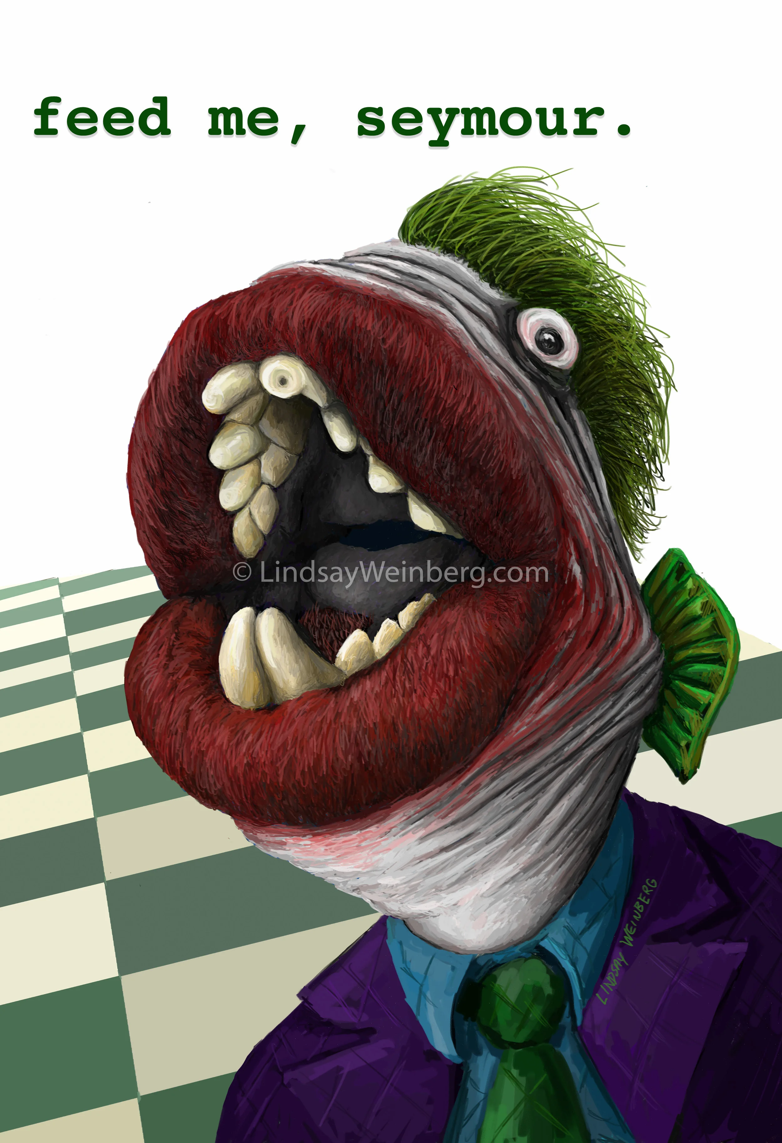  A trigger fish, dressed as the Joker from Batman, while impersonating the plant in Little Shop of Horrors. 