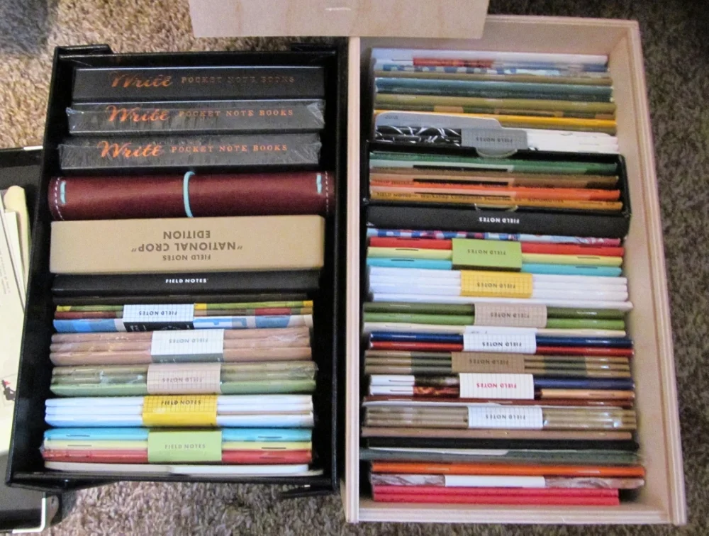 This is my collection right now, minus the larger Field Notes editions that I keep elsewhere. Kindly ignore the Write Notebooks and the other random pocket notebooks that live with my Field Notes--I'll write about those later. 