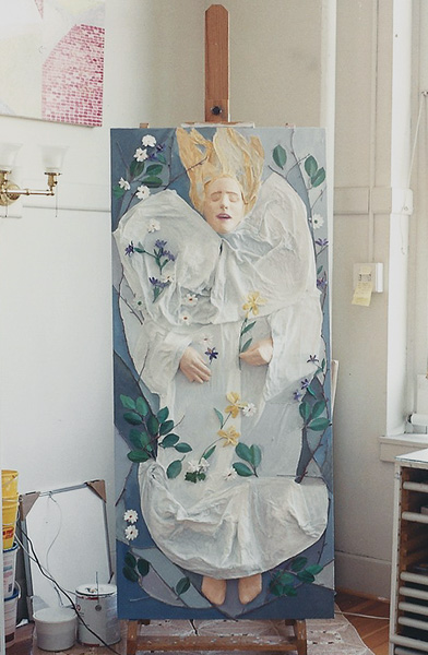 Teresa Welch, Myself as Ophelia , acrylic and mixed media relief on canvas, 30" x 68", 1990