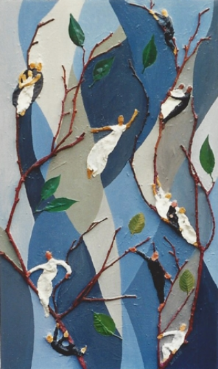 Teresa Welch, Letting Go, Oil and mixed media relief on canvas, 34" x 20", 1990