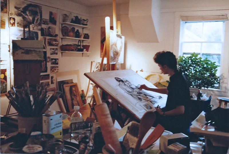 Teresa Welch starting a portrait commission in her studio, Yarmouthport, 1994 photo by Maria M., visitor to T.Welch Studio/Gallery