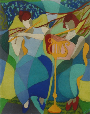 Teresa Welch, Flutists In A Garden , pastel, 26" x 20", 1992