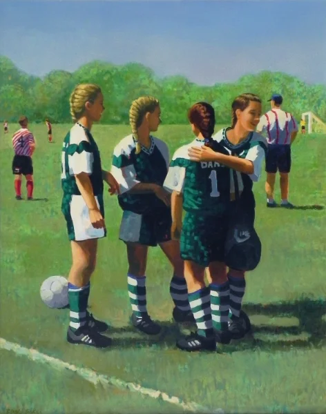Teresa Baksa, Soccer Girls , oil/linen, 35" x 28", 1998