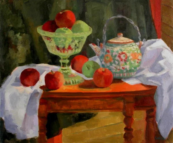 Teresa Baksa, Still life with Compote and Teapot , oil/linen