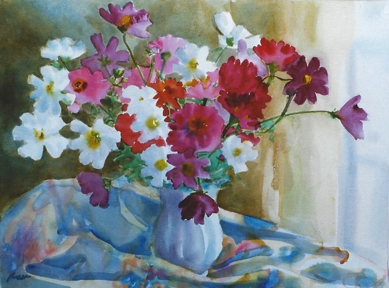 Teresa Baksa, Cosmos and Zinnias , watercolor, 22" x 30", 1999