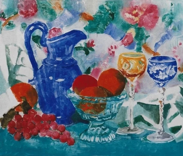Teresa Baksa, Blue Pitcher and Oranges, oil monotype, 15" x 18", 1999