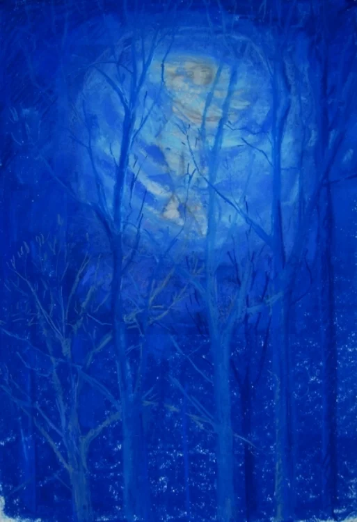 Teresa Baksa, Spinning Through Treetops,(Study for Becoming A Star), pastel over giclee print of A Celestial Feeling , 19" x 13", 2013