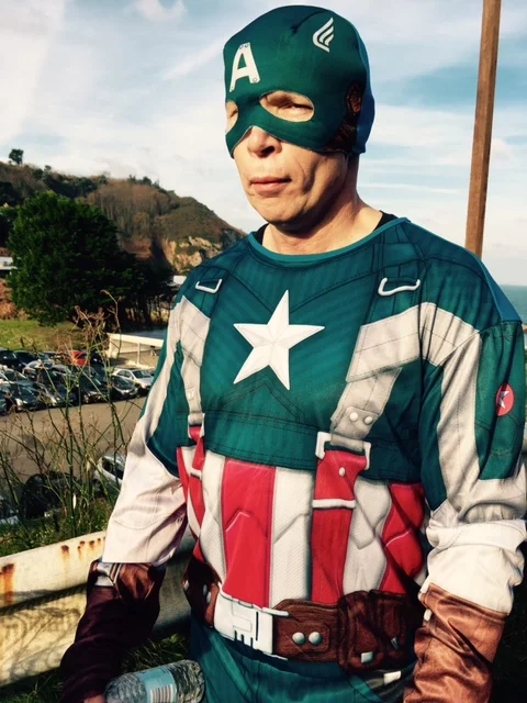 Eddie McCann's Captain America races, fights crime and entertains children.
