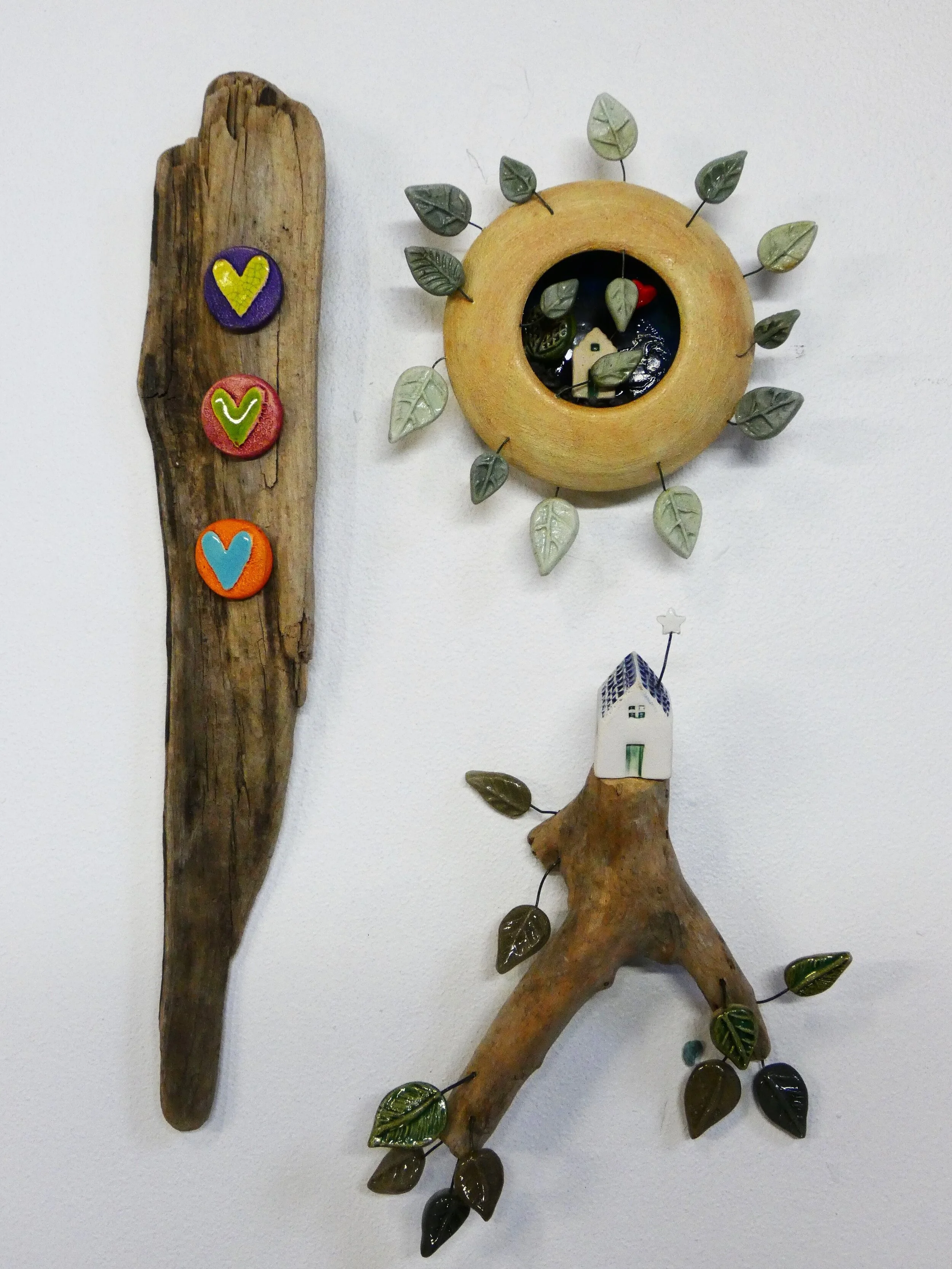Cecilia Freire, Clockwise l-r Driftwood Hearts, Home Safe, Deeply Rooted.JPG