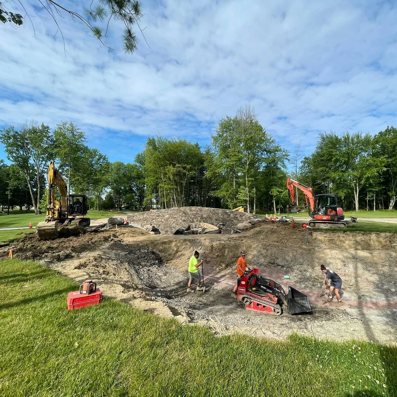 What's a bridge without some water running through it? Now that the bridge is complete and our customers driveway is back functioning, we're starting construction on the series of upper ponds that will flow toward one side of the bridge.

#ponddesign