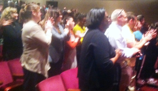 Stevenson's audience at the Sottile Theatre rose twice to applaud him after he concluded his talk.