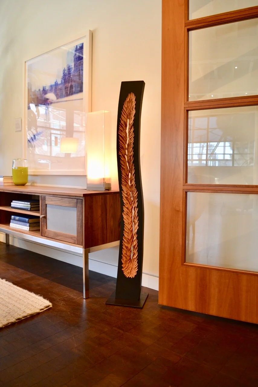 Modern sculpture “Burning Desire” in the designer showroom at Room and Board San Francisco
