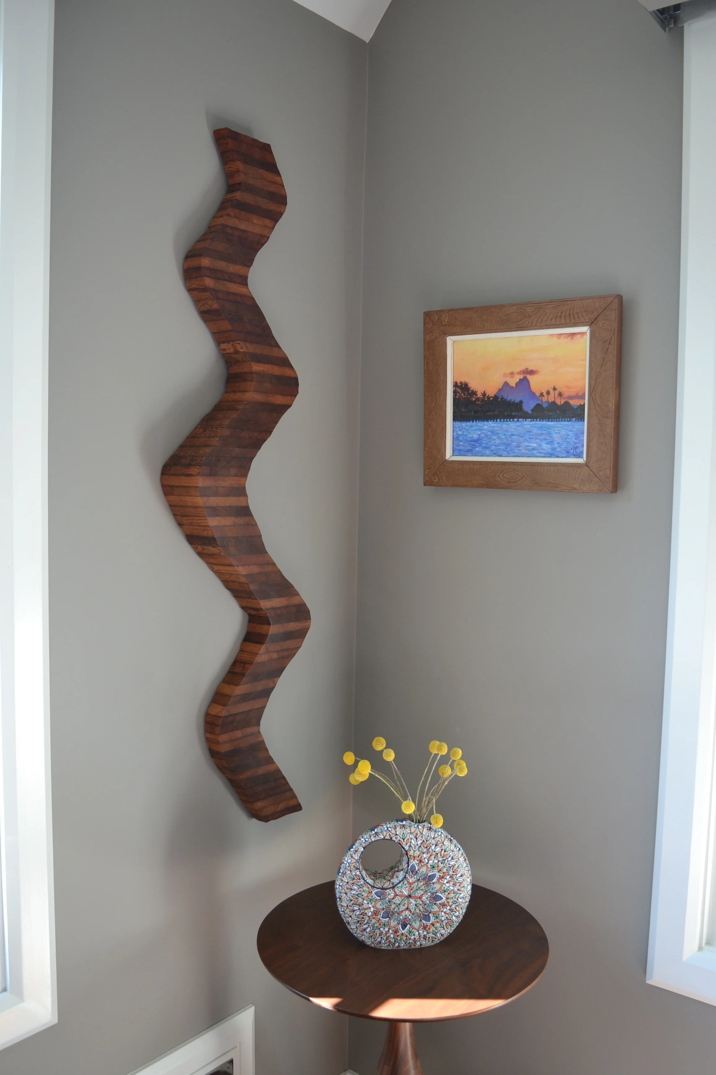 Wooden wall installation “Remember the Time” in collector home San Francisco