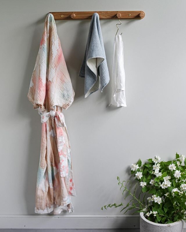 Peg Rail / Squiggle Hook / Concrete Planter - paired with textiles from Japan and a robe made in the USA.  #pegrail #clothesstorage #brasshook #concreteplanter