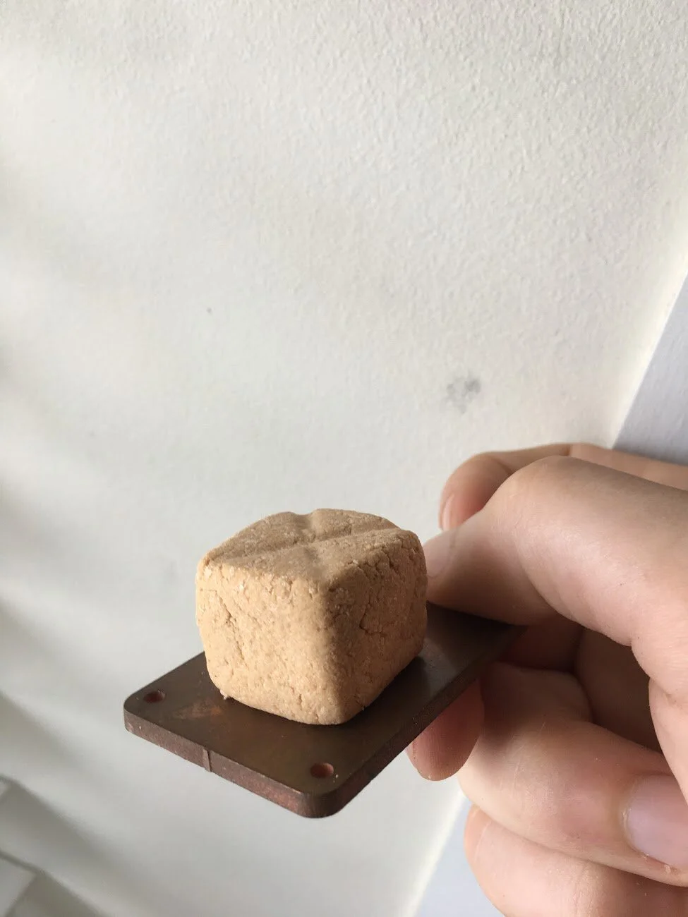  This was made by casting the material and binder into a rounded cube chamber (it was not 3D printed!). This was done many times to play with different intermix ratios of the wood flour, urea formaldehyde, and binder (water and surfactant). This cube