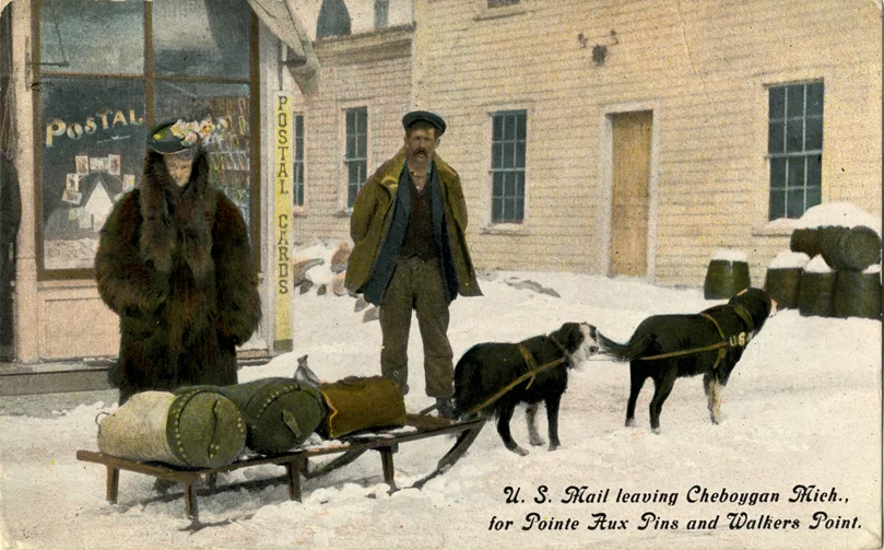 Dogsled carrying mail, Cheboygan, Mich. Via the Detroit Public Library .