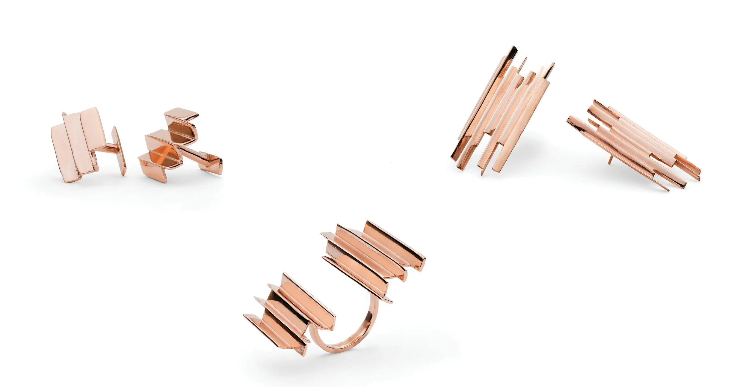 Ifeanyi Oganwu. Cityscapes , 2016. 9kt rose gold ring, earrings, and cufflinks. Courtesy Expand Design Ltd. and Elisabetta Cipriani.