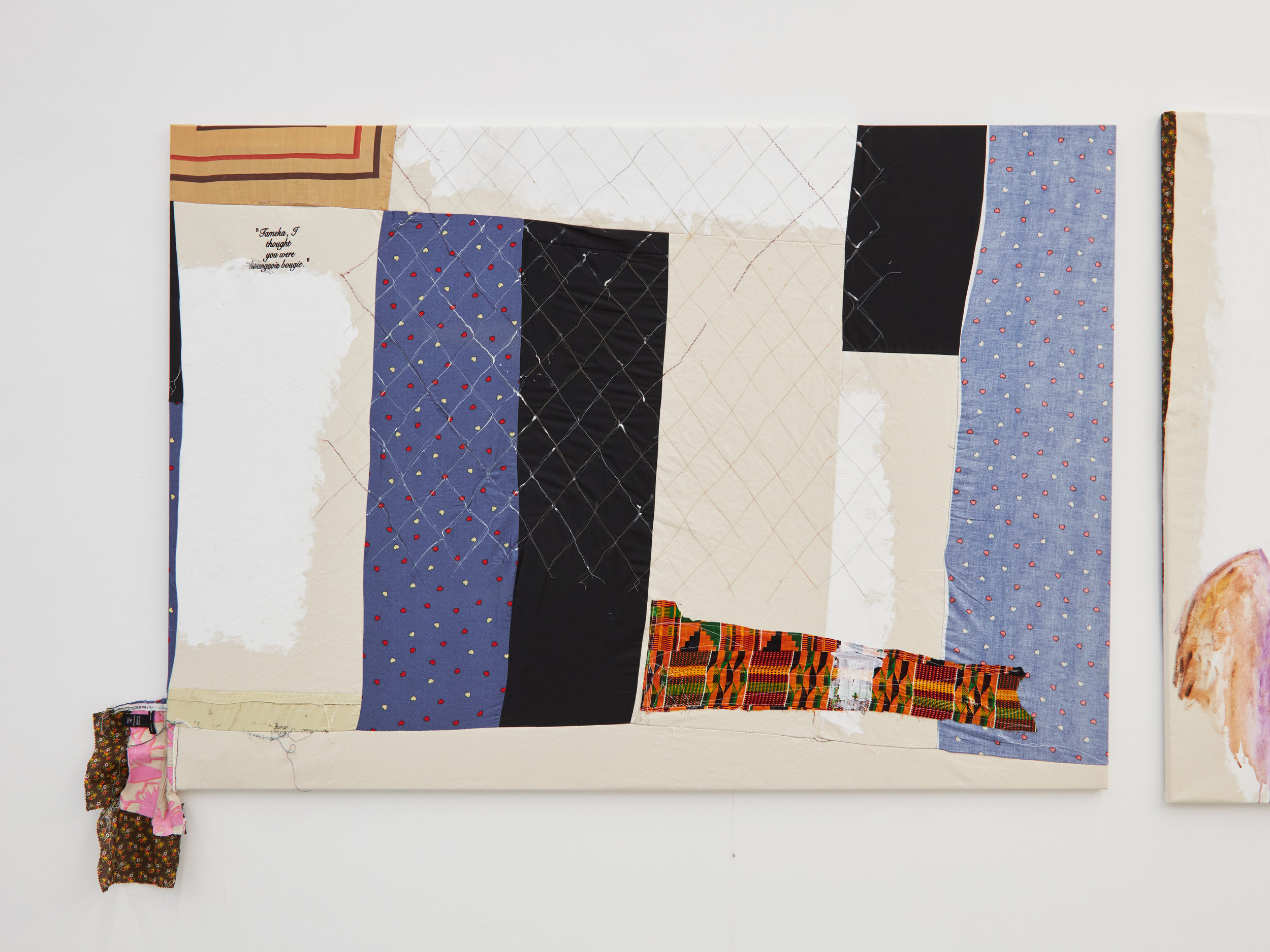 Tameka Jenean Norris, “Tameka, I Thought You Were Bougie”, 2016, fabric, canvas, acrylic paint, thread, 48 in x 68 in.
