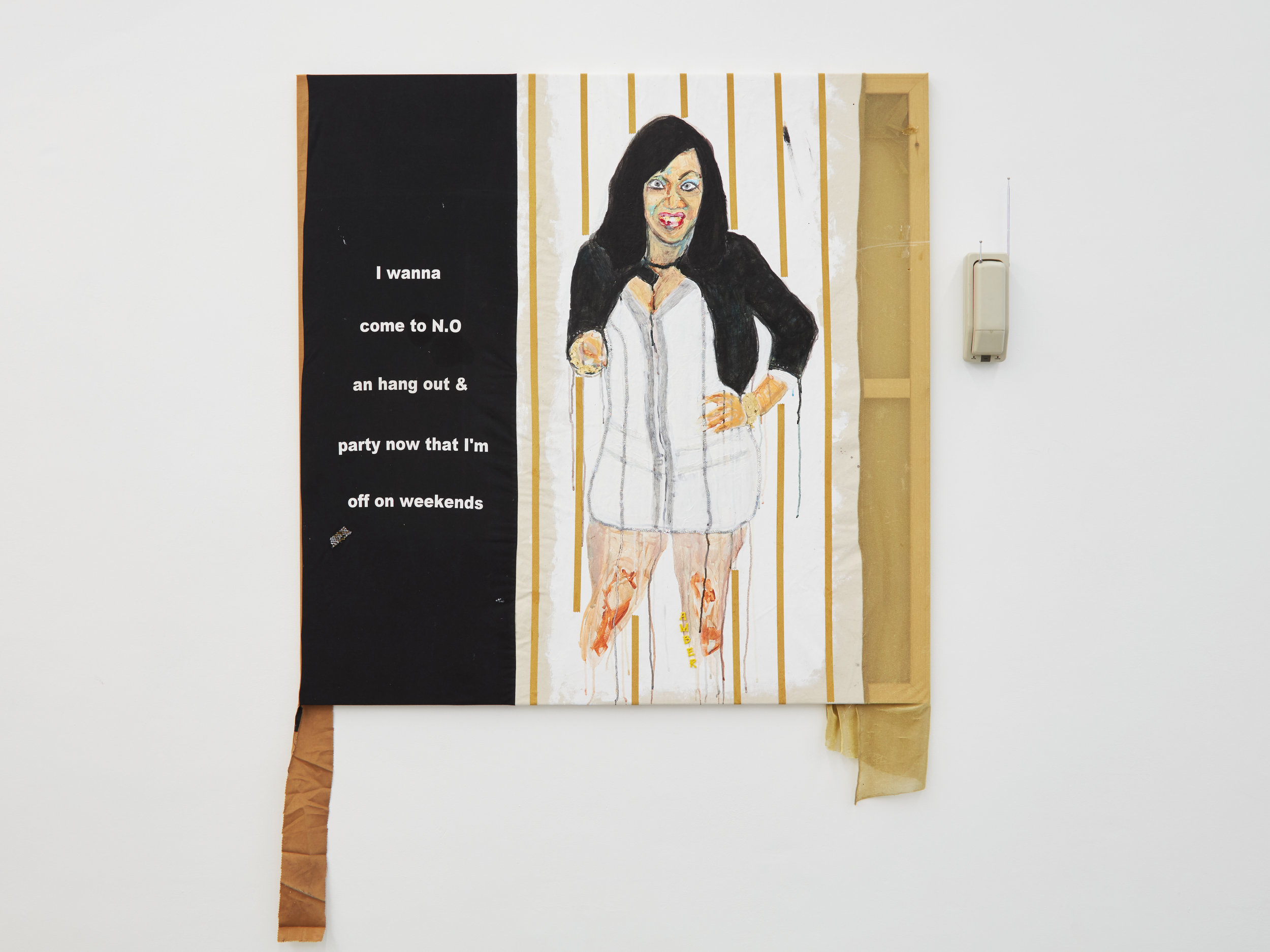 Tameka Jenean Norris, Amber, ”I Wanna Come to N.O and Hang Out & Party Now That I'm”, 2016 fabric, canvas, acrylic paint, thread, 54x54 in