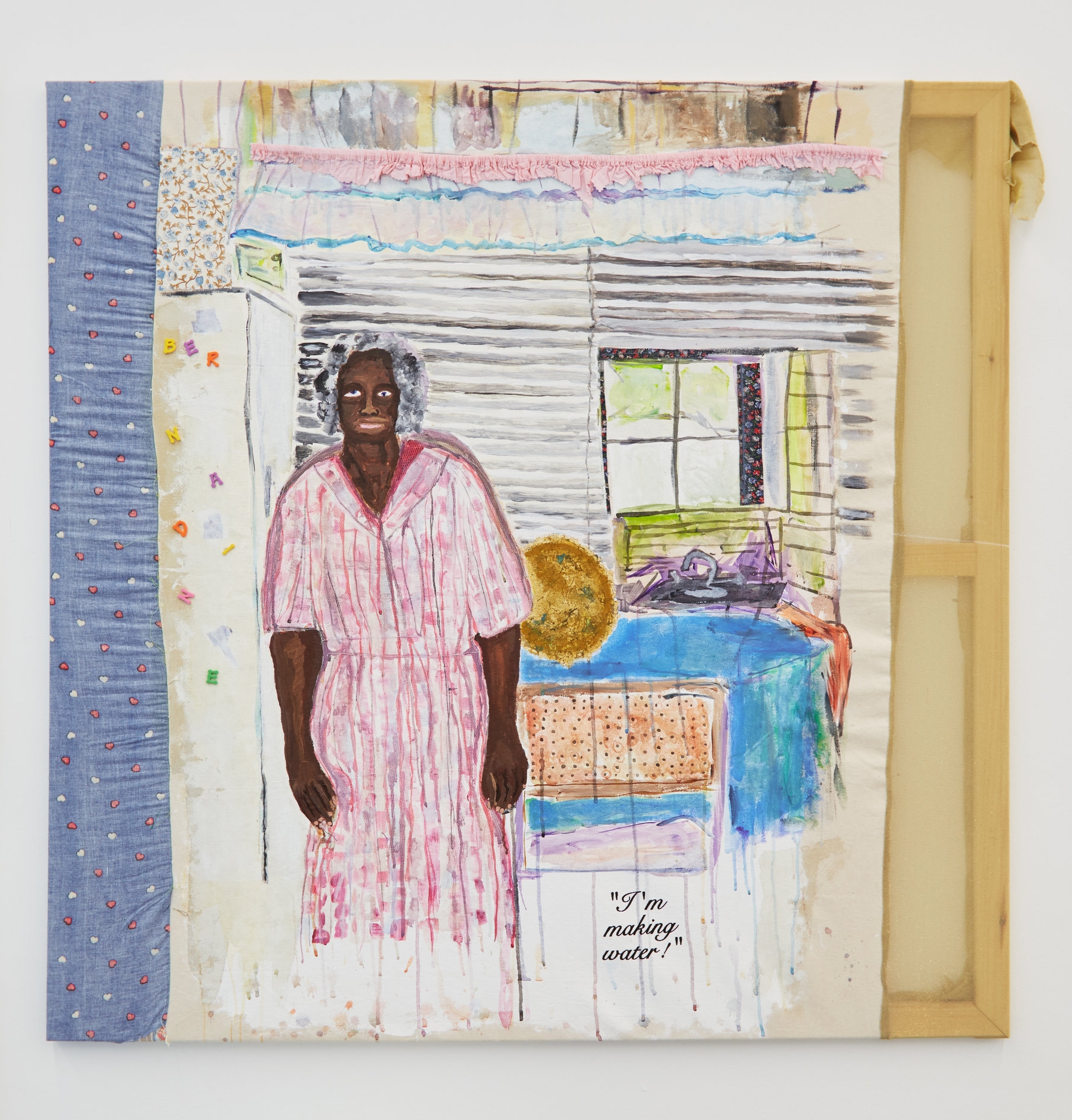 Tameka Jenean Norris, Grandma Bernardine, “I'm Making Water”, 2016, fabric, canvas, acrylic paint, thread, oil pastel, 48x48 in.