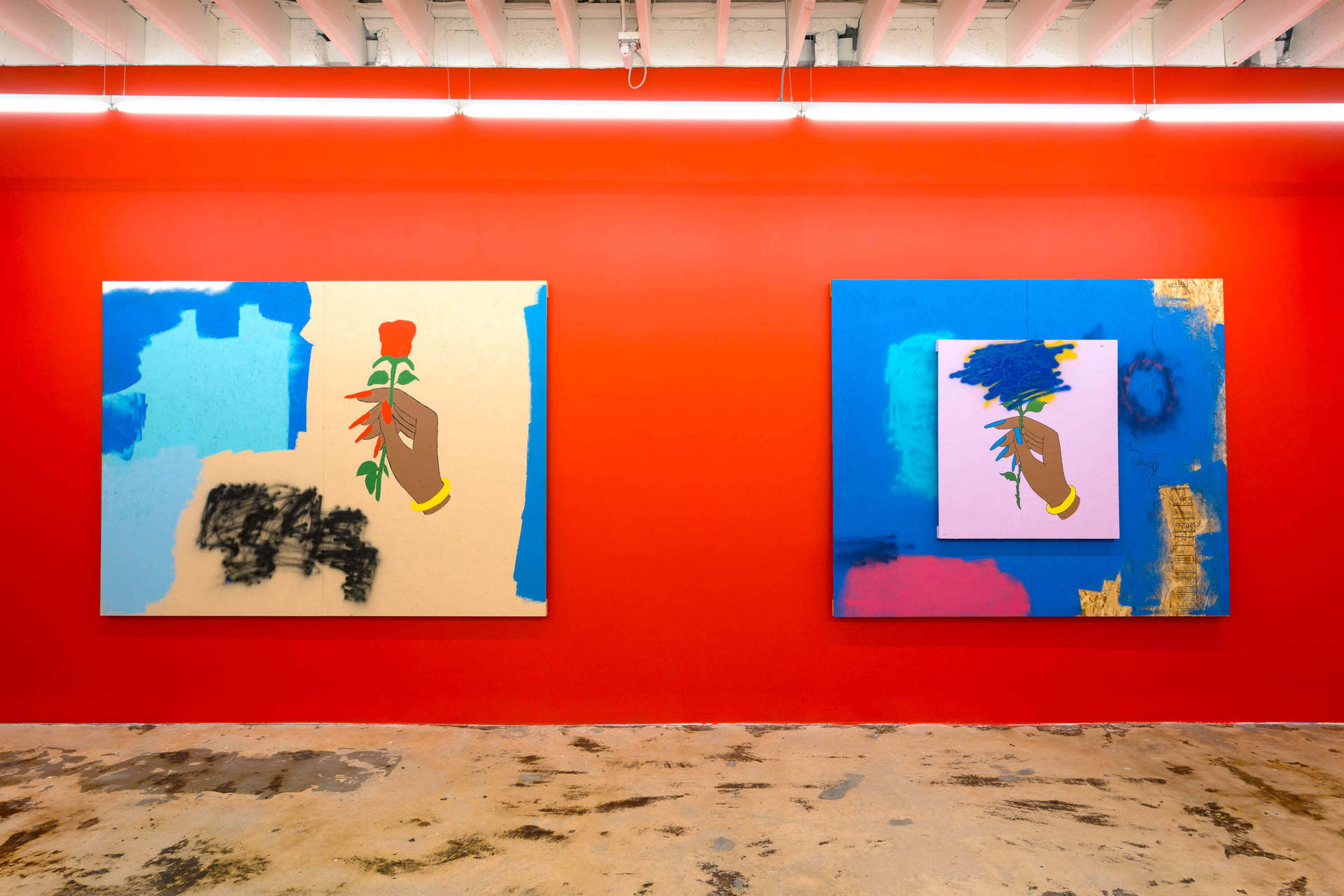 Fire & Desire, Acrylic on wooden panel, 72 x 96 in, Codeine Crazy - Future, Acrylic on wooden panel, 72 x 84 x 12 in. Courtesy Nina Johnson Gallery and artist.