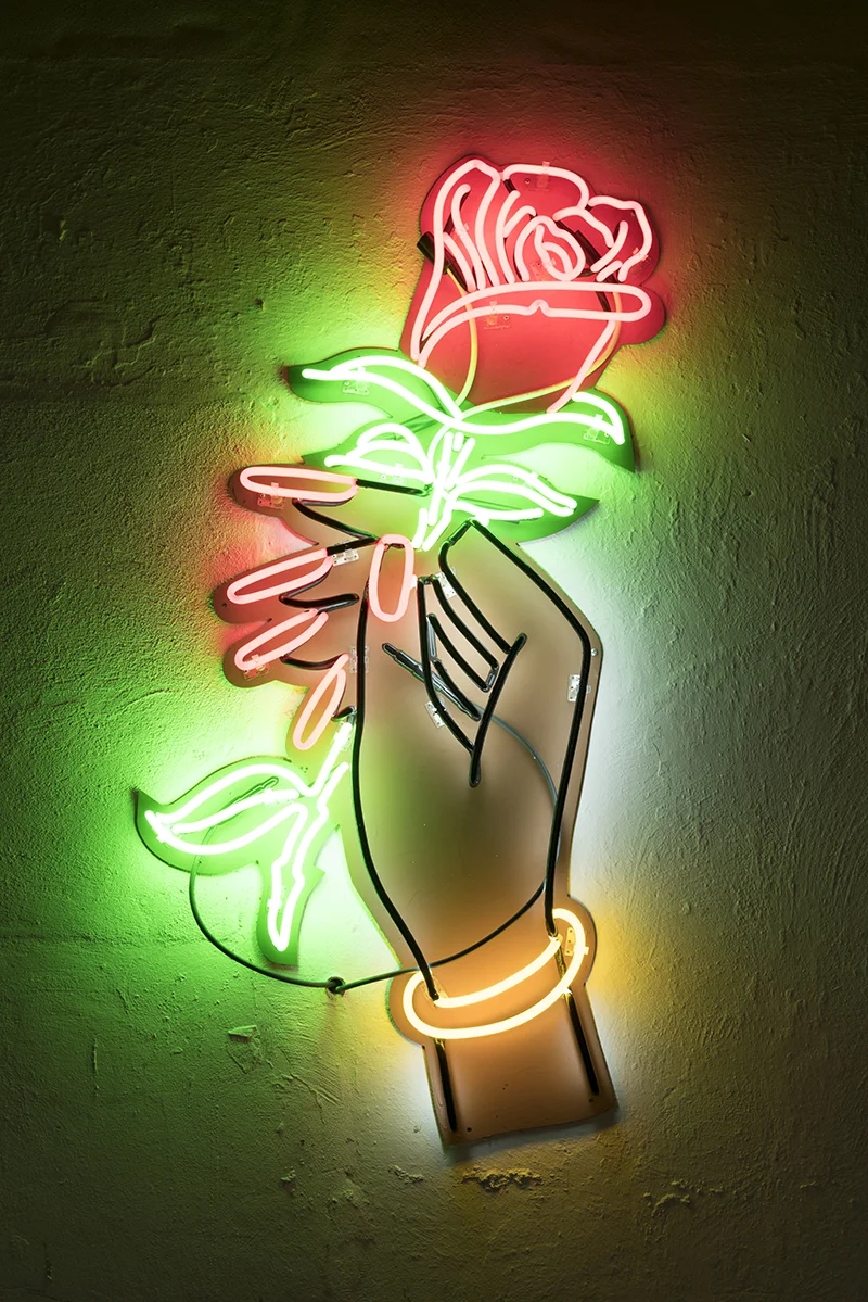  Was Going to Call It Your Name, but You Didn't Let Me, Neon and Hand painted plexiglass, 22 x 44 x 3.5 in. Ed. 3. Courtesy Nina Johnson and artist.