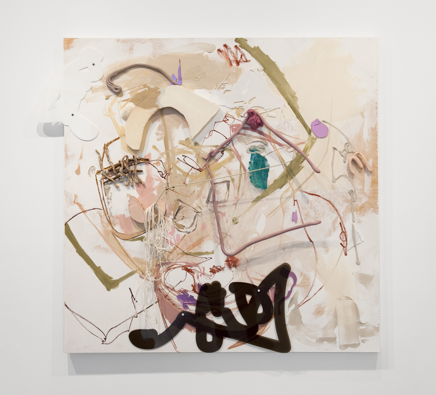 When sea creatures ask about you, 2017 polymer clay, resin, plexiglass, rope, metal, plastic, silicone, glitter glue, wire, foam, acrylic and oil on panel 48 x 48 inches 121.9 x 121.9 cm
