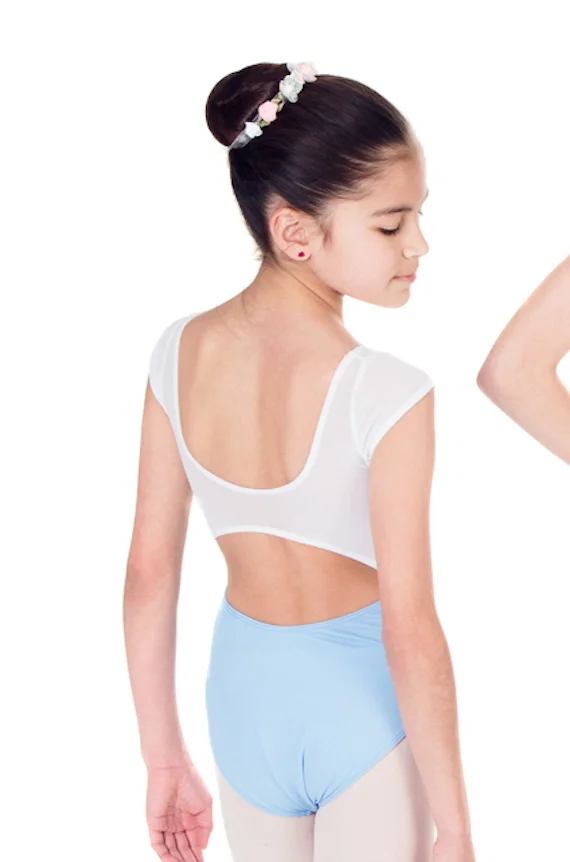 Princess Leotard in Sky Blue with White Mesh, Back Strap and Cap Sleeve